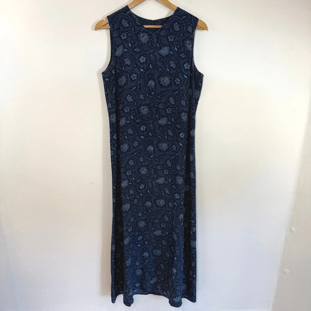 Vintage Charter Club Silk Maxi Dress 10 Navy Floral 90s Minimalist Dark Academia